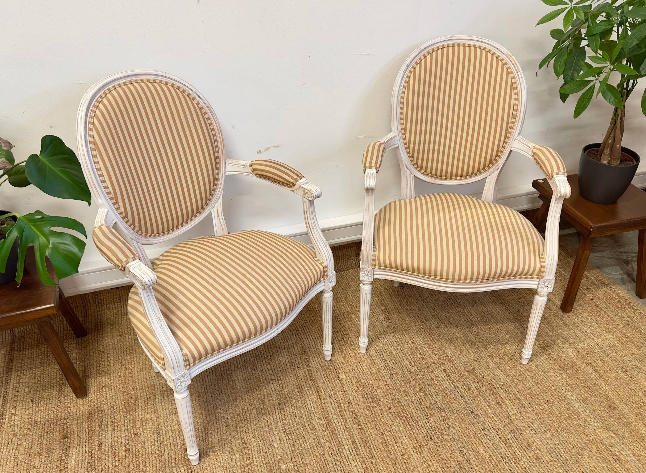 Pair of Louis XVI style medallion armchairs