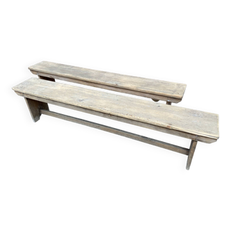 pair of raw natural wood farm benches circa 1930