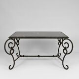 Coffee table in patinated wrought iron and black marble, circa 1940