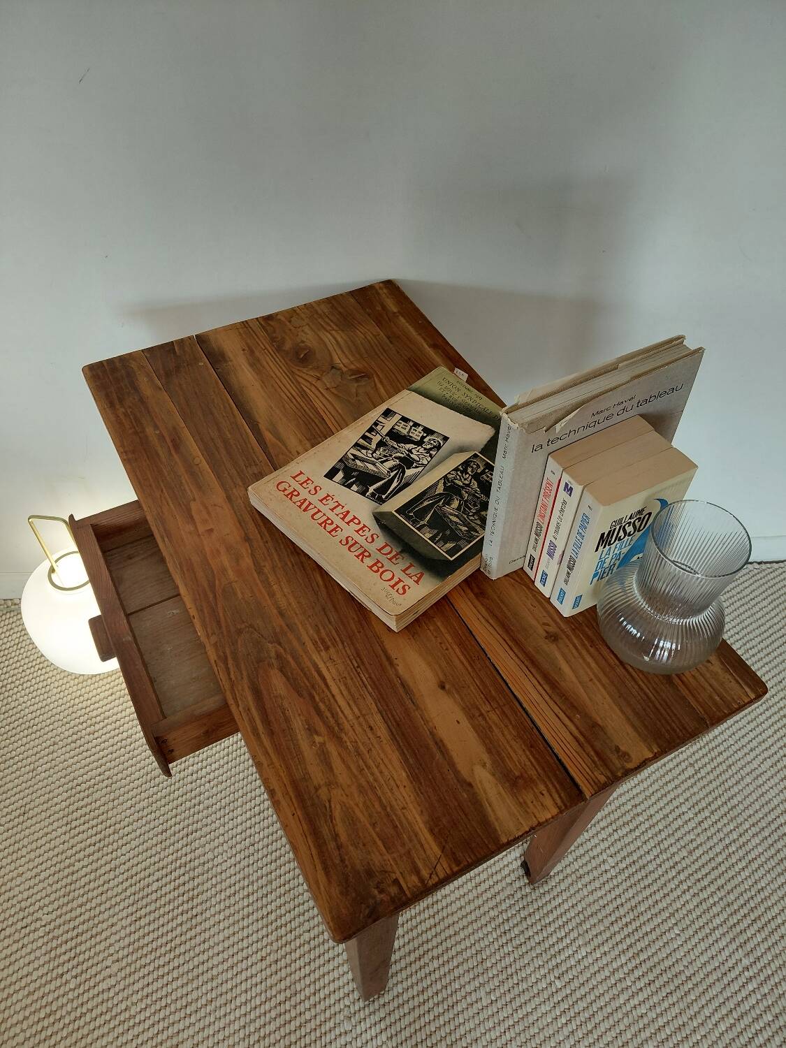 Old solid wood console - drawer - curved line - chic country style