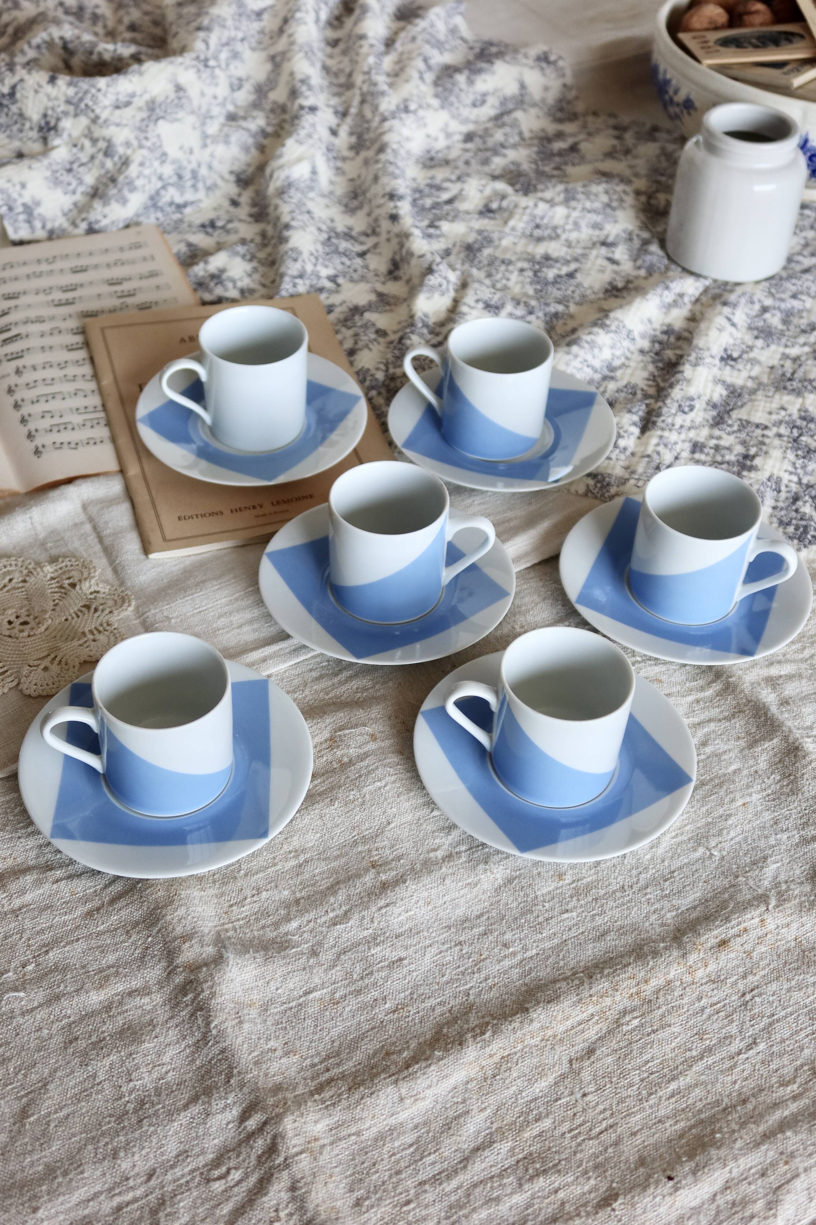 Vintage Guy Degrenne porcelain coffee set with "Carré bleu" decor