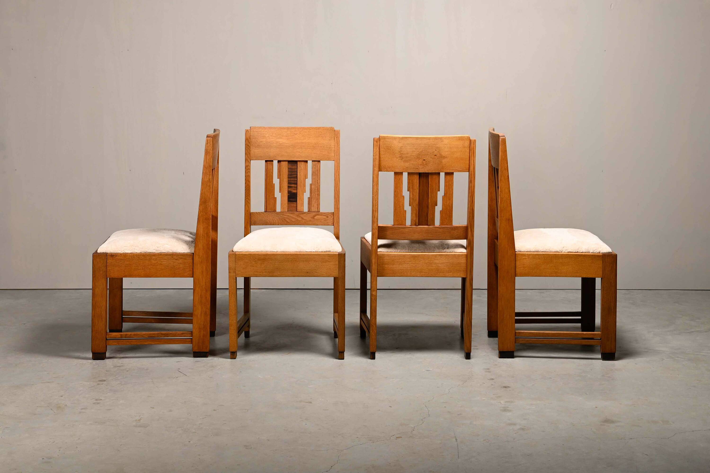 Dutch Art Deco Amsterdam School Dining Chairs in Oak and light Fabric