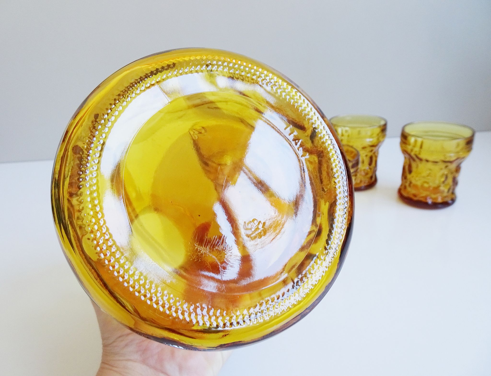 Amber glasses with carafe, italian drinking set 70s