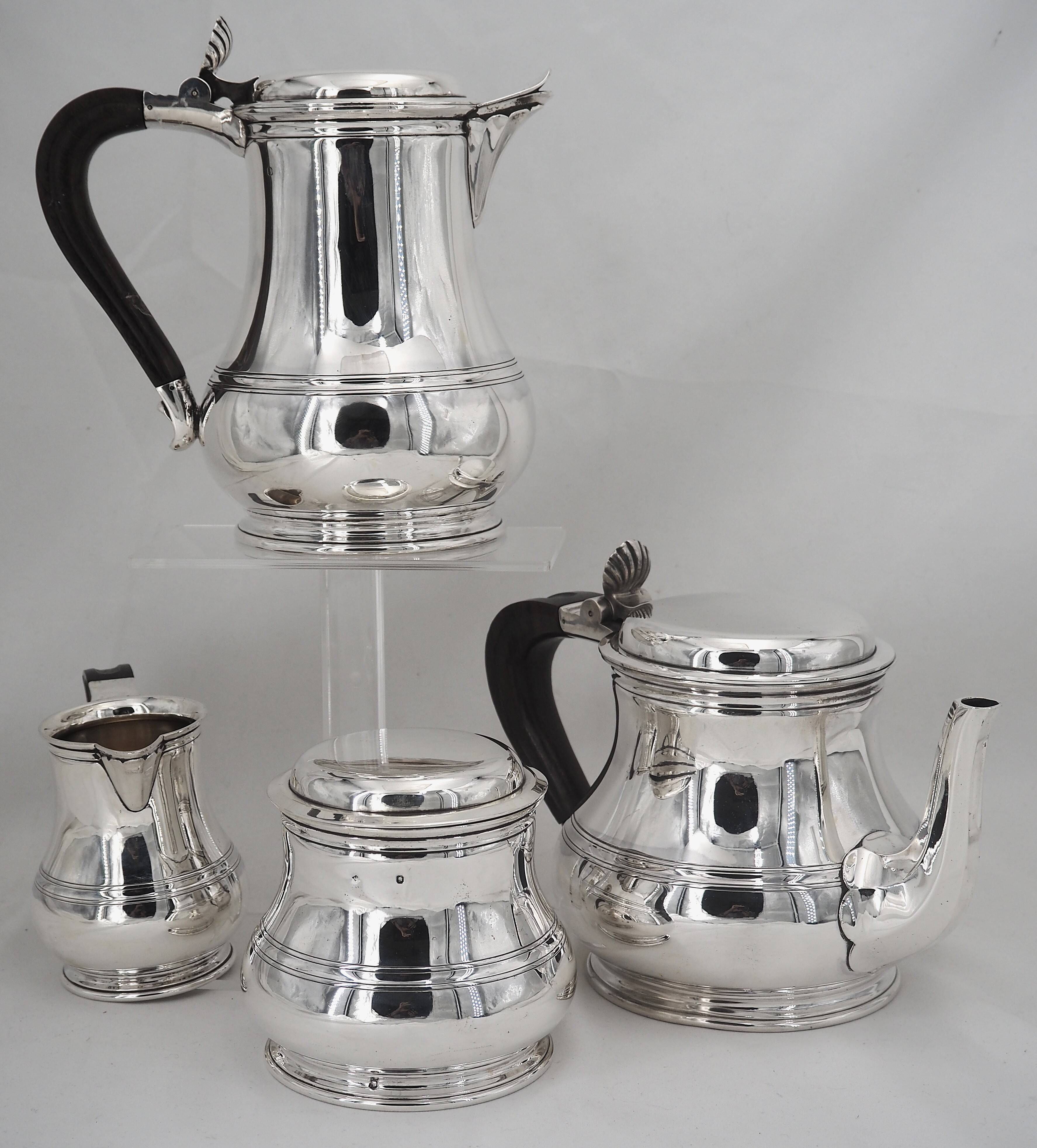 Puiforcat, tea and coffee service, 4 pieces, solid silver Minerva, excellent condition.