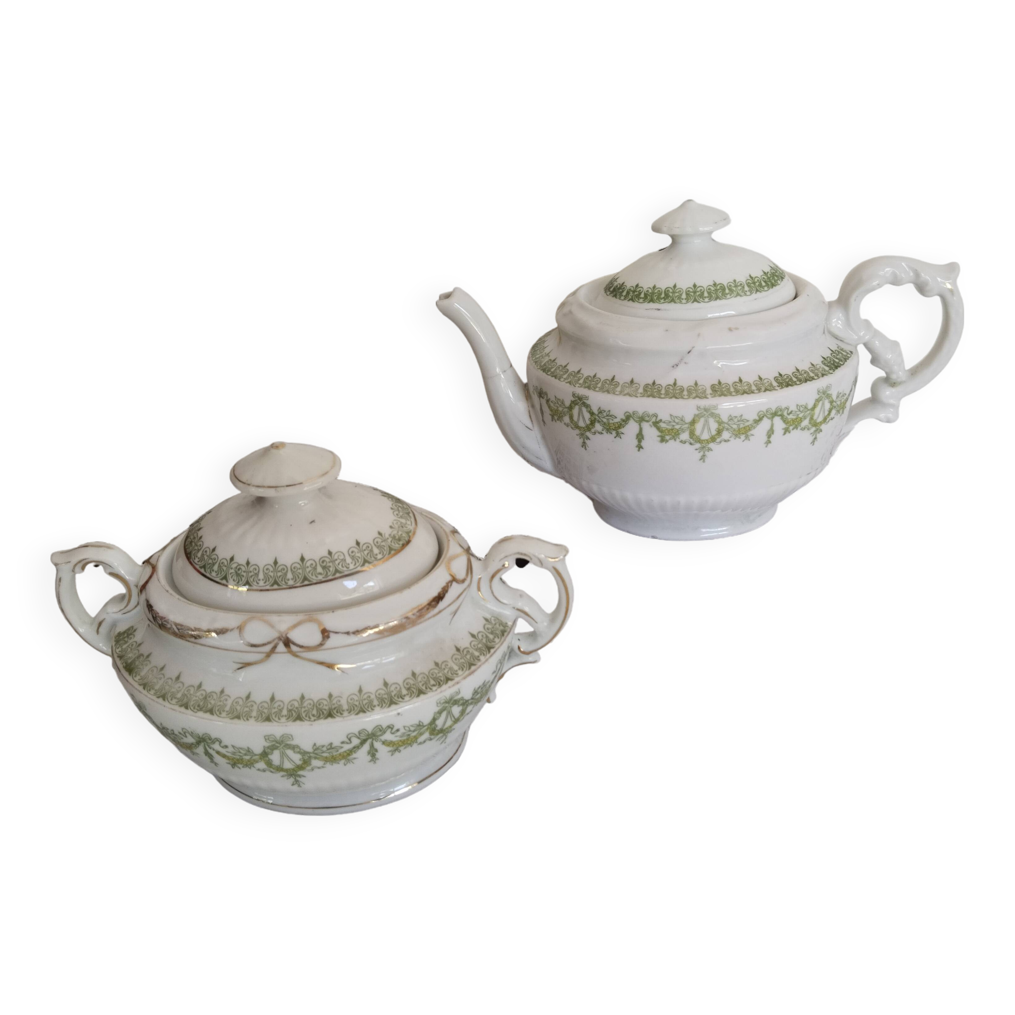 English porcelain tea service, green and gold, antique