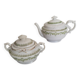 Service à thé  en porcelaine anglaise  , vert et or , antique