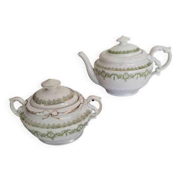 English porcelain tea service, green and gold, antique
