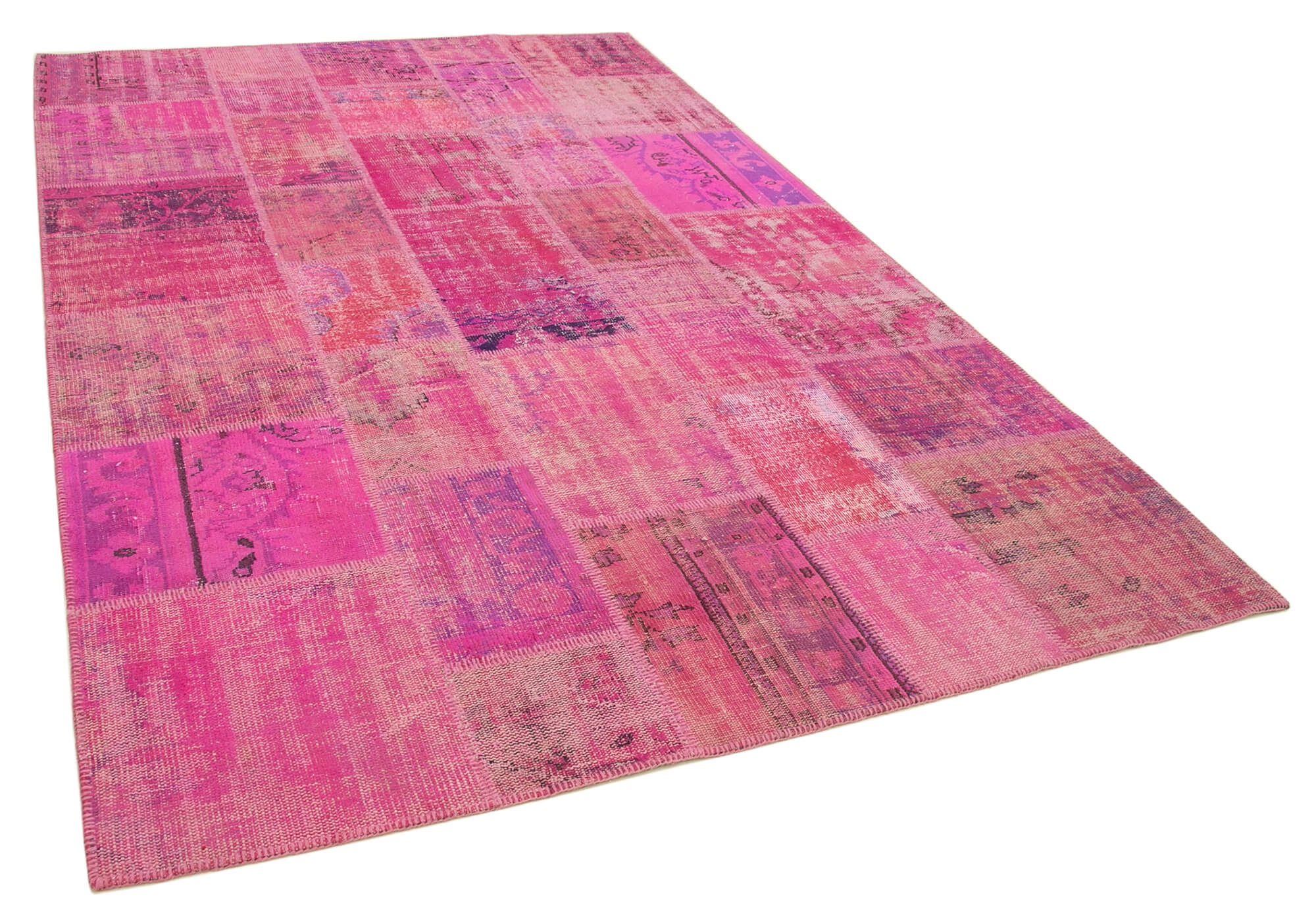 Handwoven oriental overdyed 202 cm x 303 cm pink patchwork rug