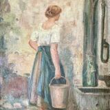 Cécile Van Moé. XIXe Charmante huile sur toile présentant une jeune femme près d’un puits.