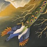 Tableau d'un personnage en chemin vers les montagnes accompagné d'animaux exotiques
