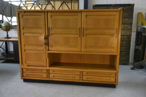 Solid oak wardrobe by Guillerme et Chambron and ceramic by Danikowski 1950s