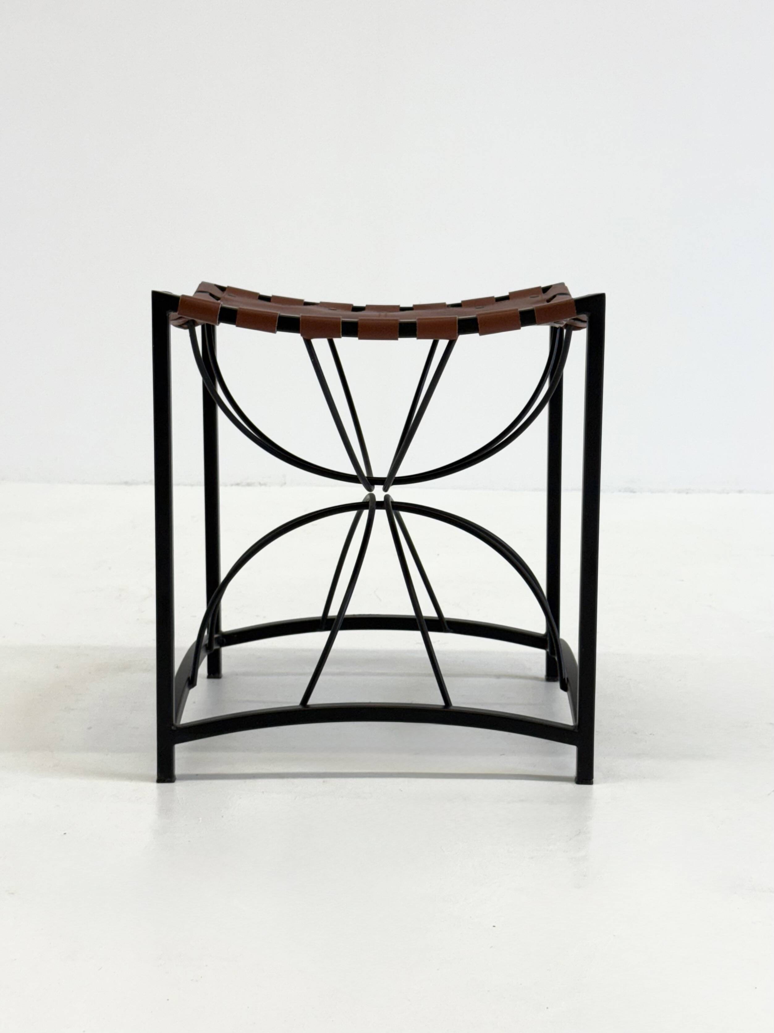 French elegant vintage stool with black metal and brown leather