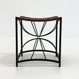 French elegant vintage stool with black metal and brown leather