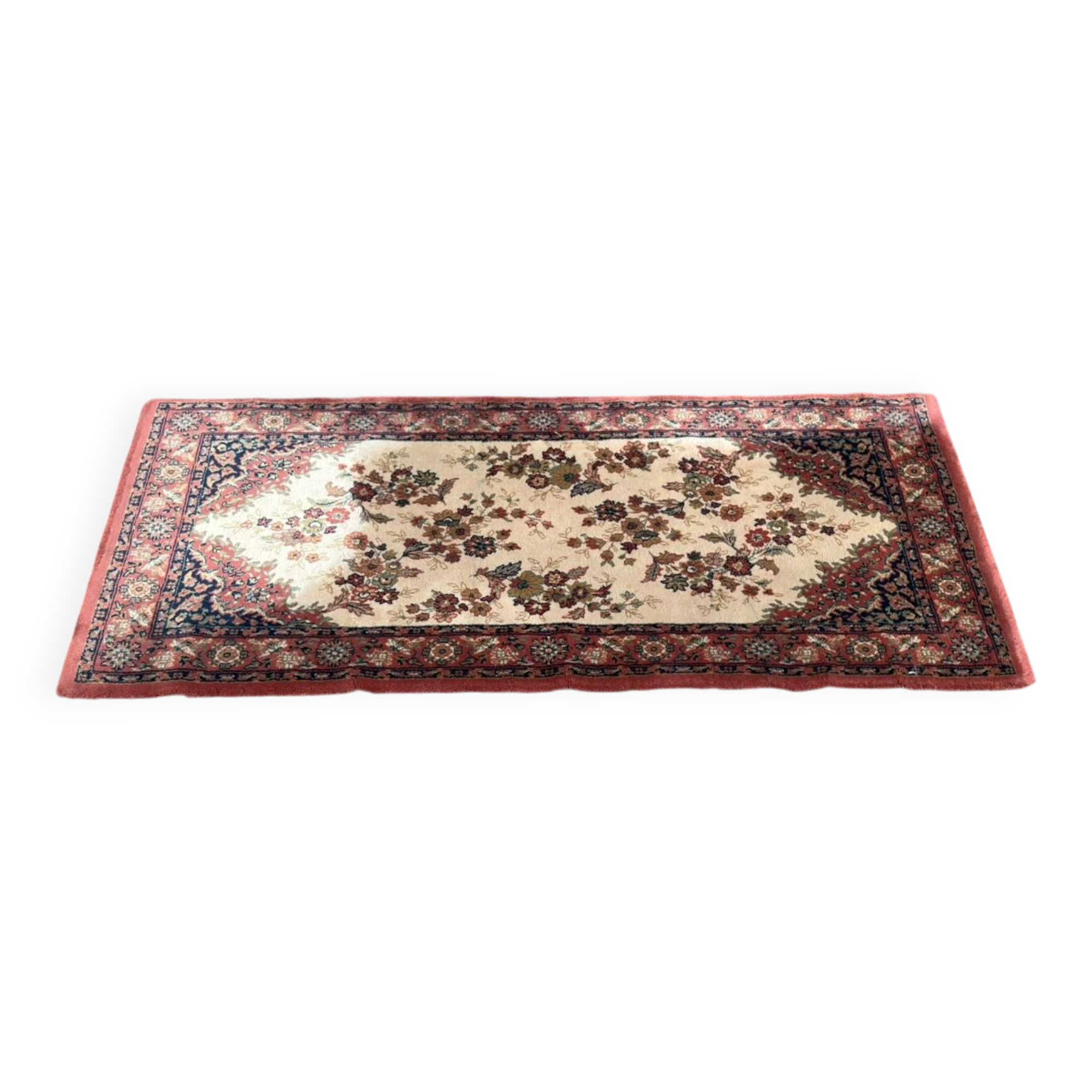 Vintage wool Persian rug with floral patterns 140x70 bedside rug.