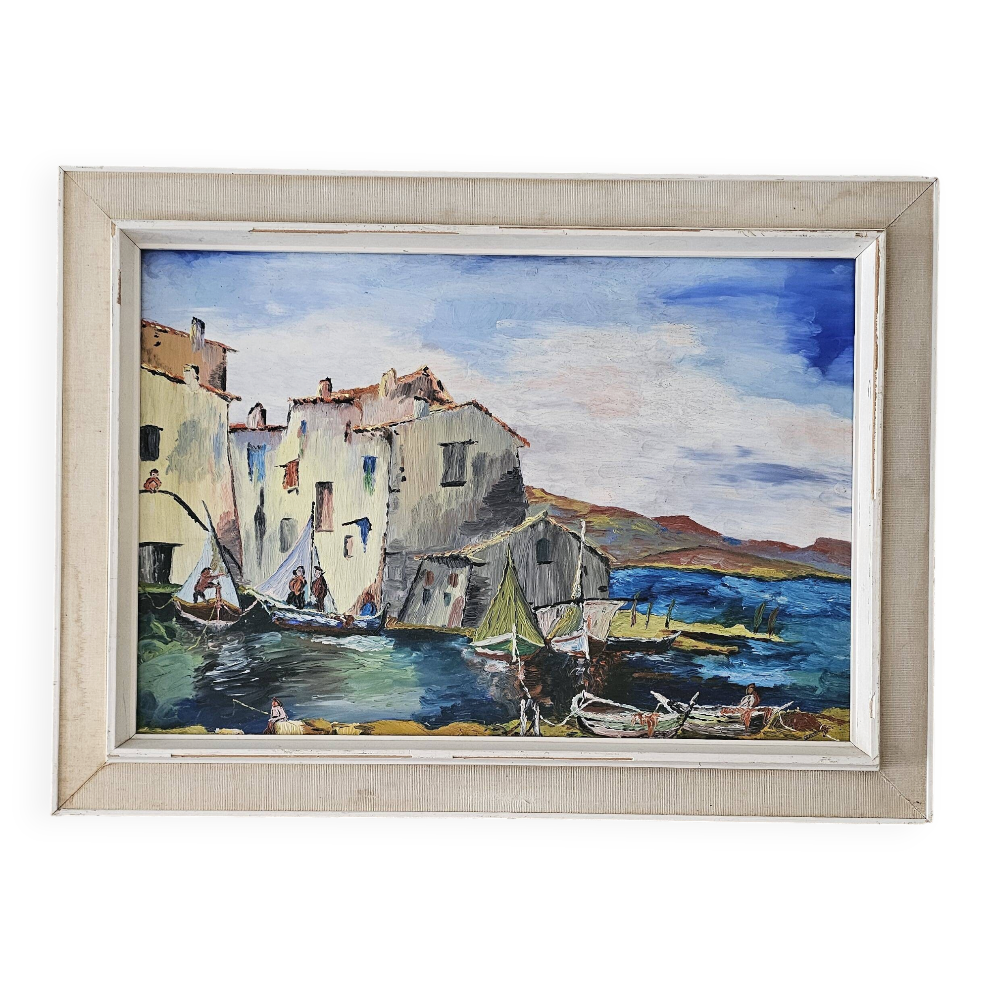 Oil painting on Isorel Marine Port Les Martigues signed (to be identified)