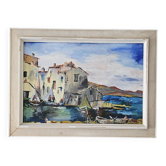 Oil painting on Isorel Marine Port Les Martigues signed (to be identified)