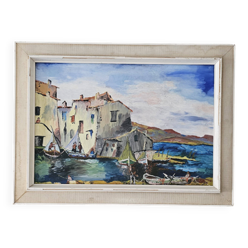 Tableau Huile sur Isorel Marine Port Les martigues  signé (à identifier)