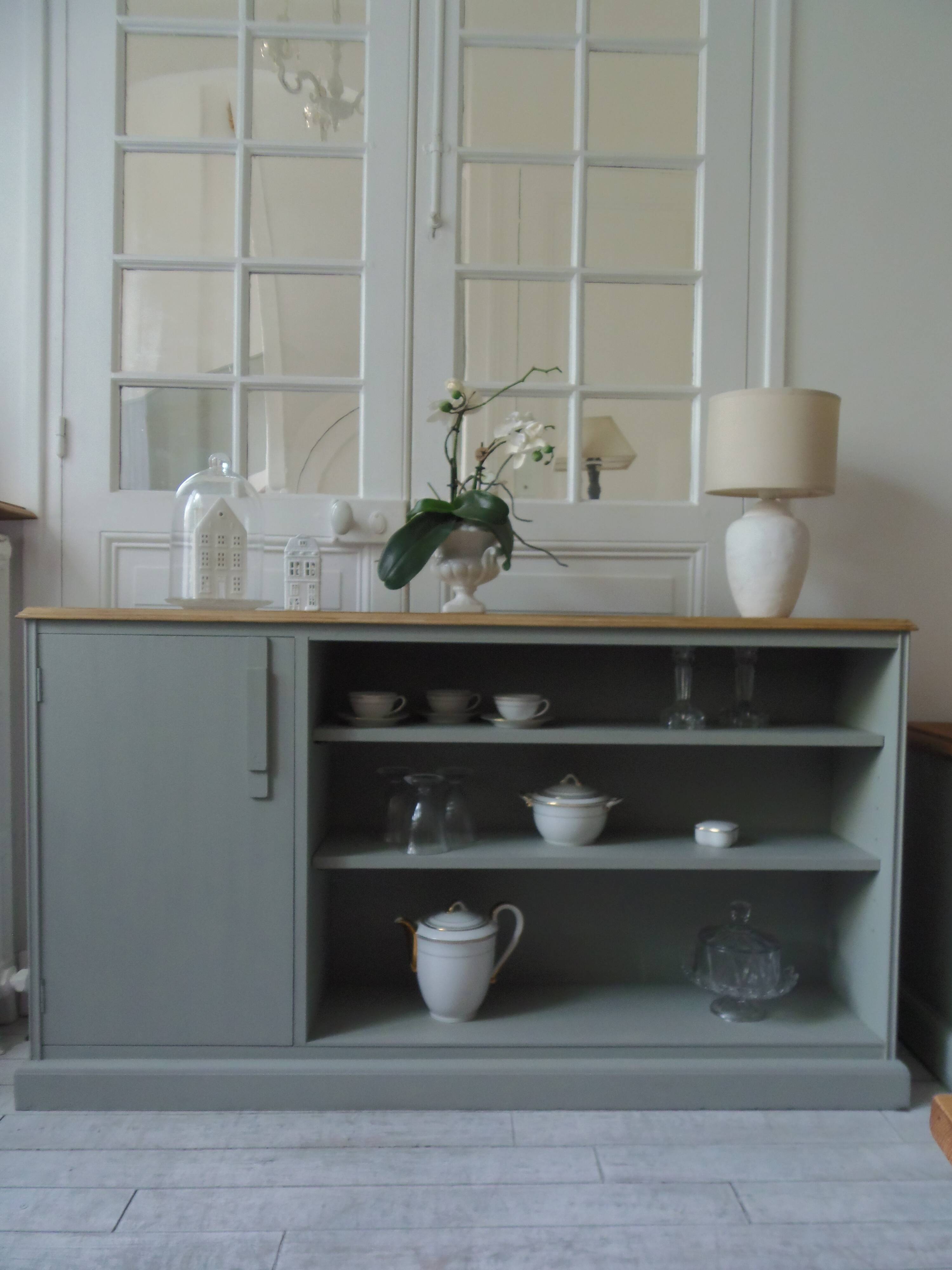 Furniture, vintage bookcase re-enchanted in verdigris, wooden top.