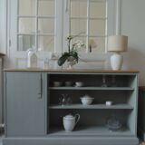 Furniture, vintage bookcase re-enchanted in verdigris, wooden top.