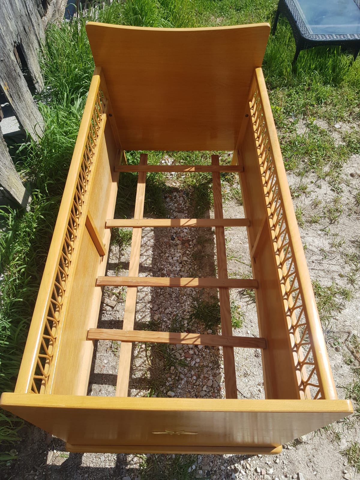 Scandinavian children's bed, wooden compass feet with vintage curved rattan