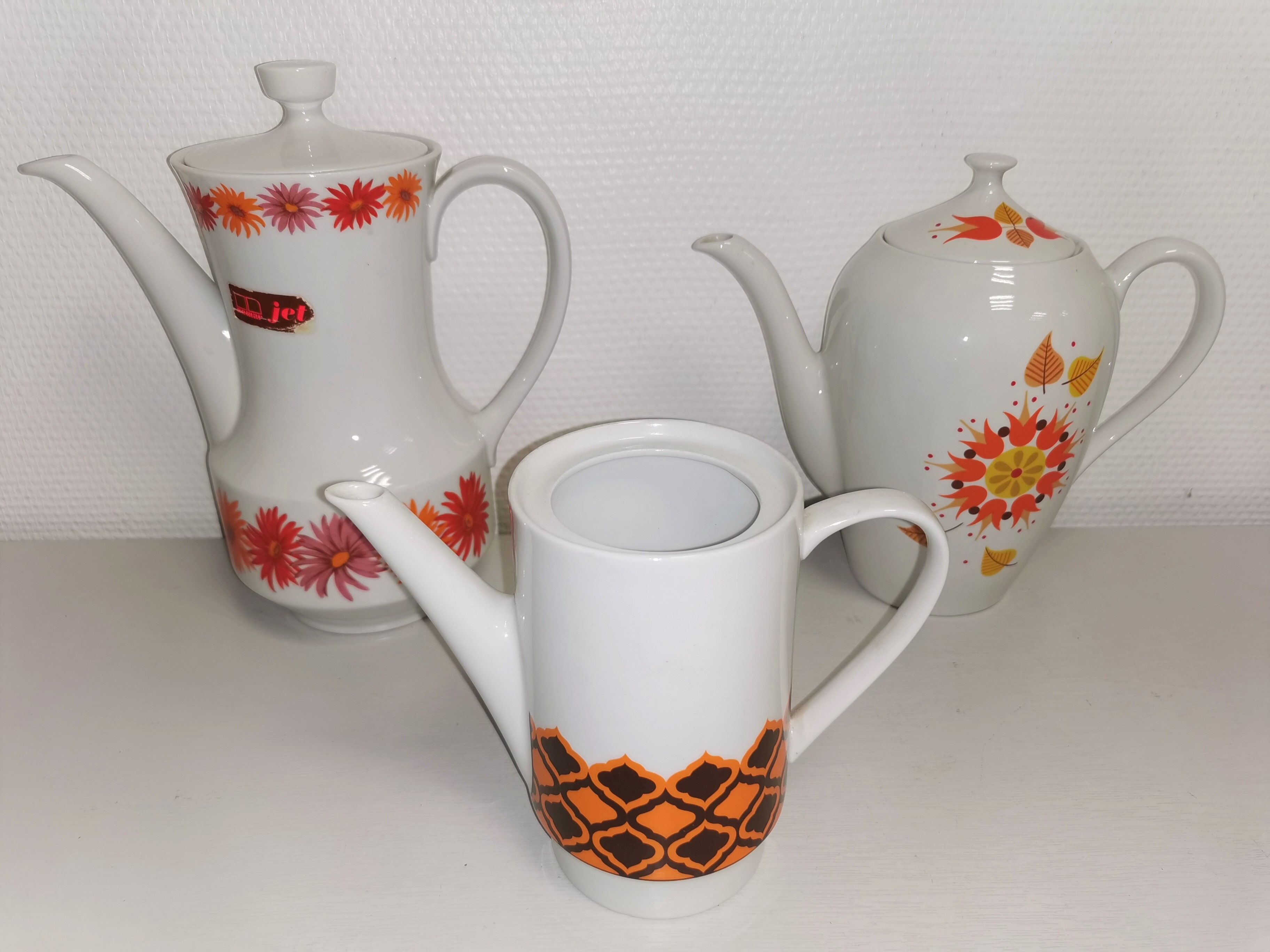 Lot de 3 cafetières théières vintage motif orange en porcelaine