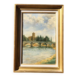 Peinture à l'huile sur toile de paysage fluvial vintage, signée