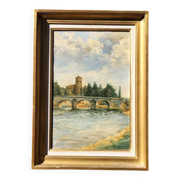 Peinture à l'huile sur toile de paysage fluvial vintage, signée