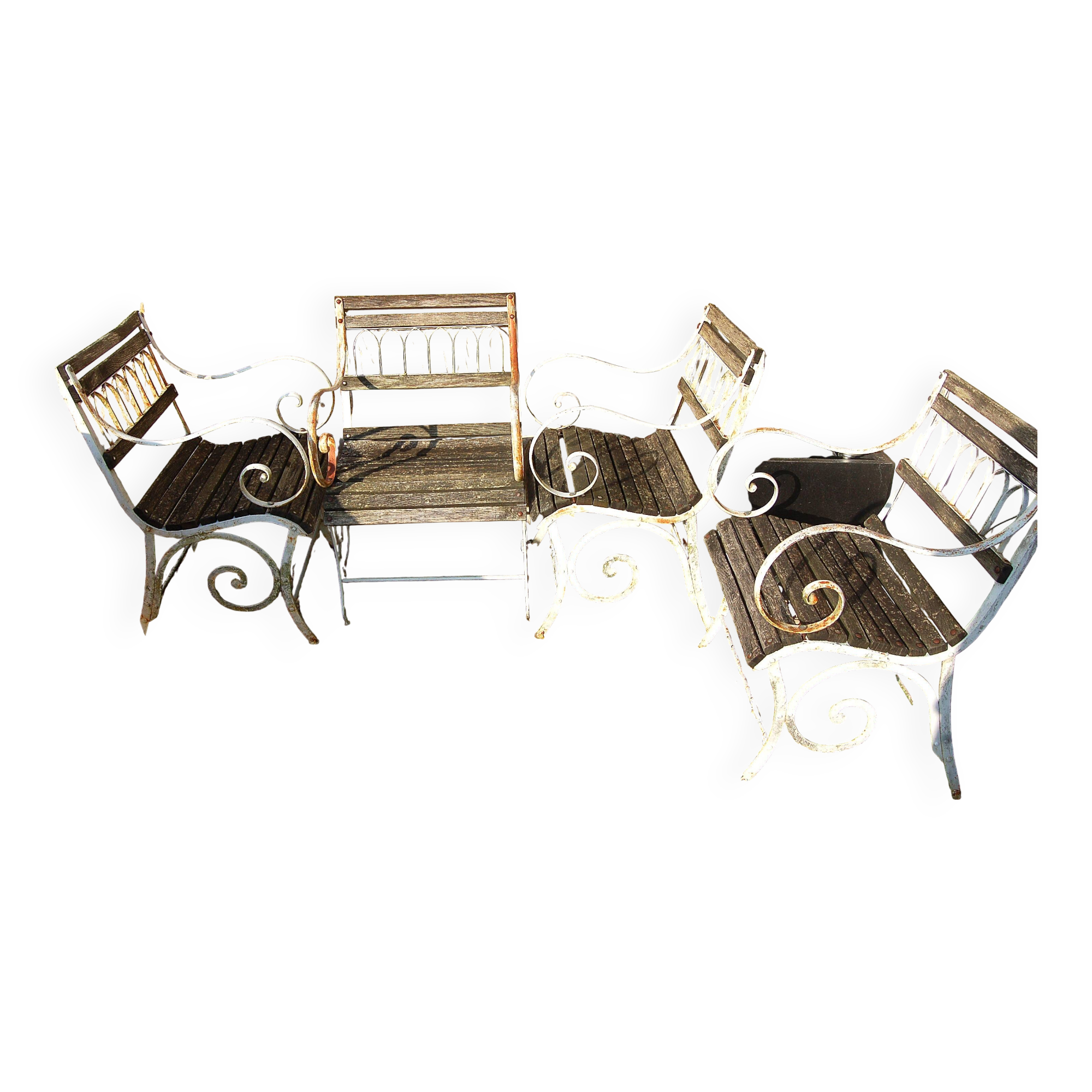 4 20TH CENTURY PAINTED WOOD AND METAL GARDEN CHAIRS