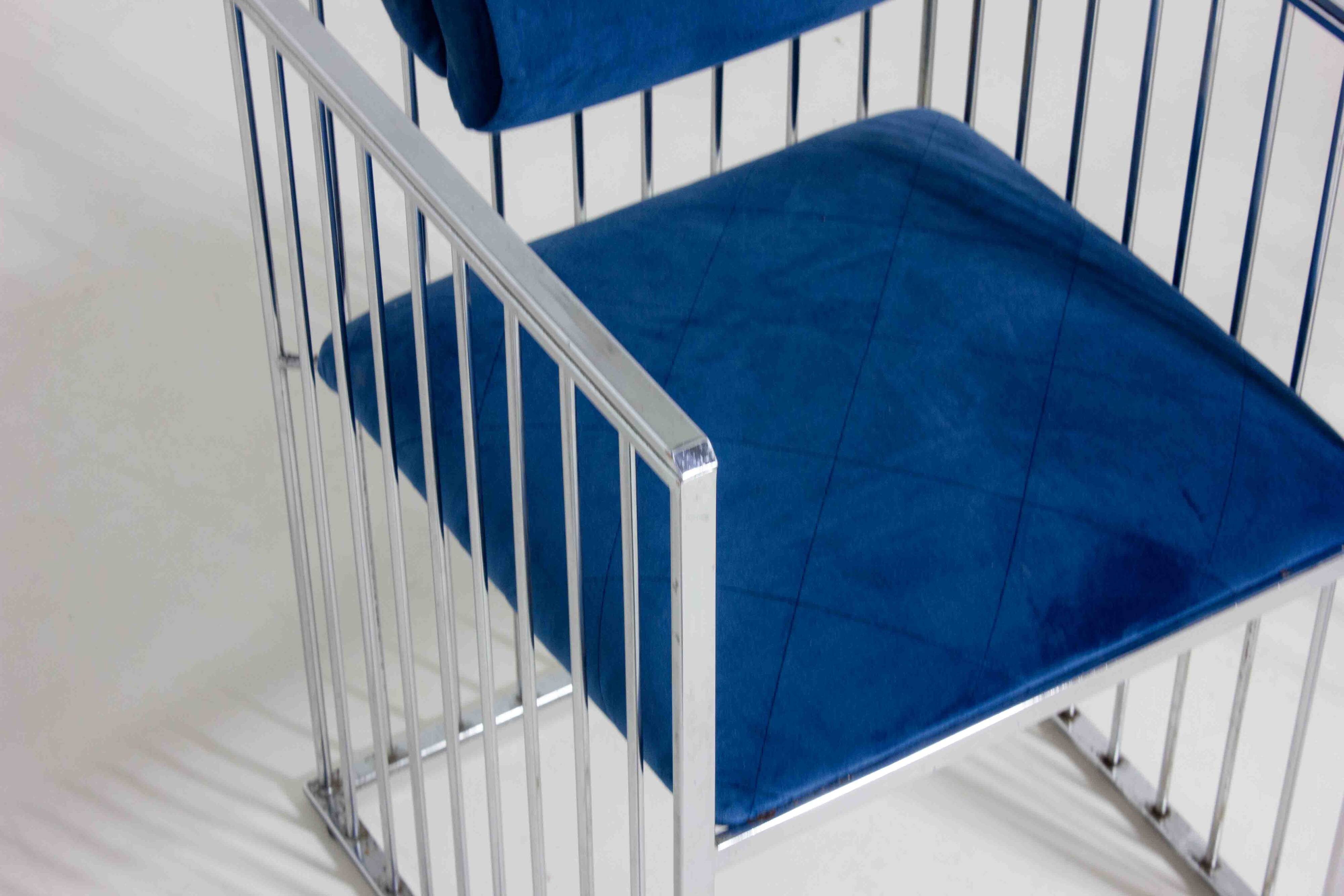 Set of four Italian modernist chrome chairs with royal blue velvet, 1970s