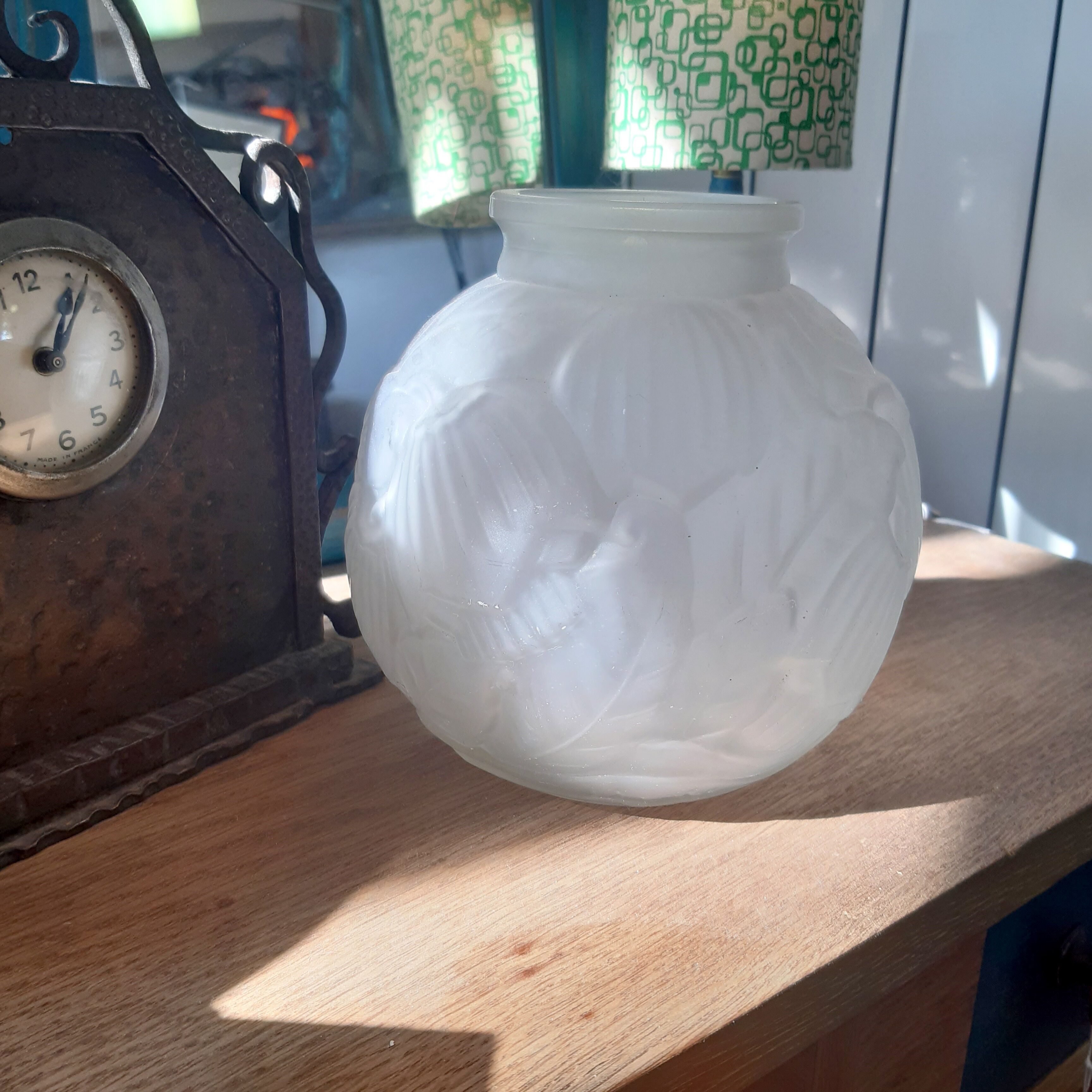 art deco vase patterns flowers opaque white moulded glass bells