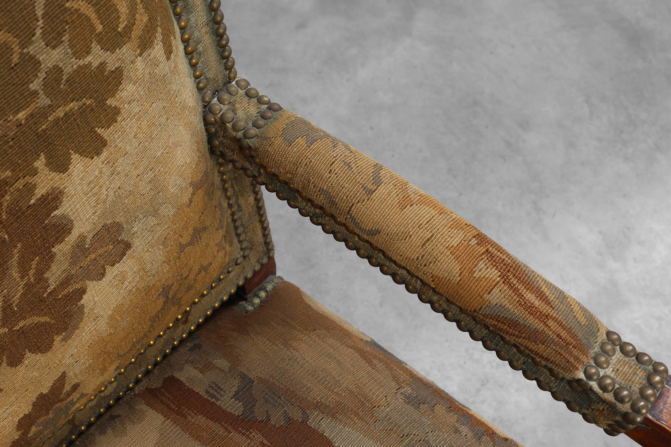 Carved Walnut Armchair with Cabriole Legs and Tapestry Upholstery, France