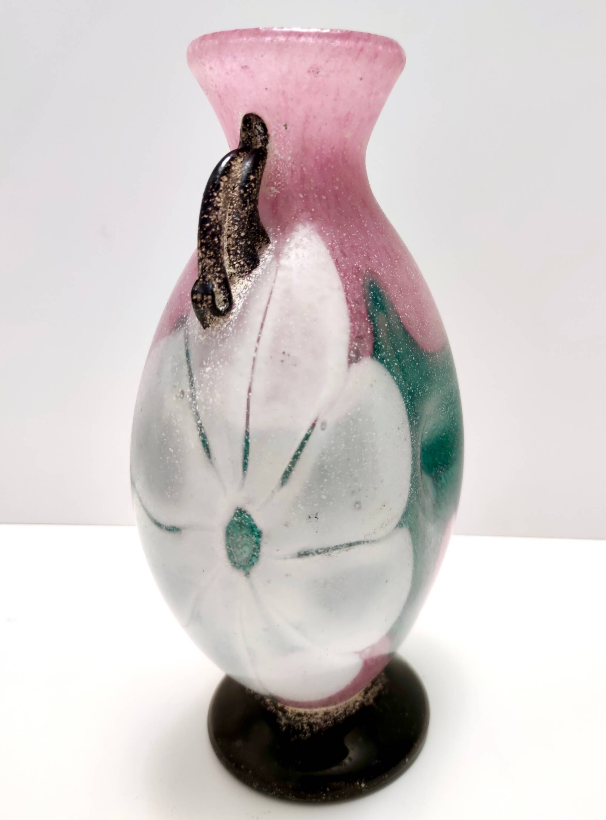 Postmodern Pink, Green and White Hand Blown Scavo Glass Vase, Murano, Italy