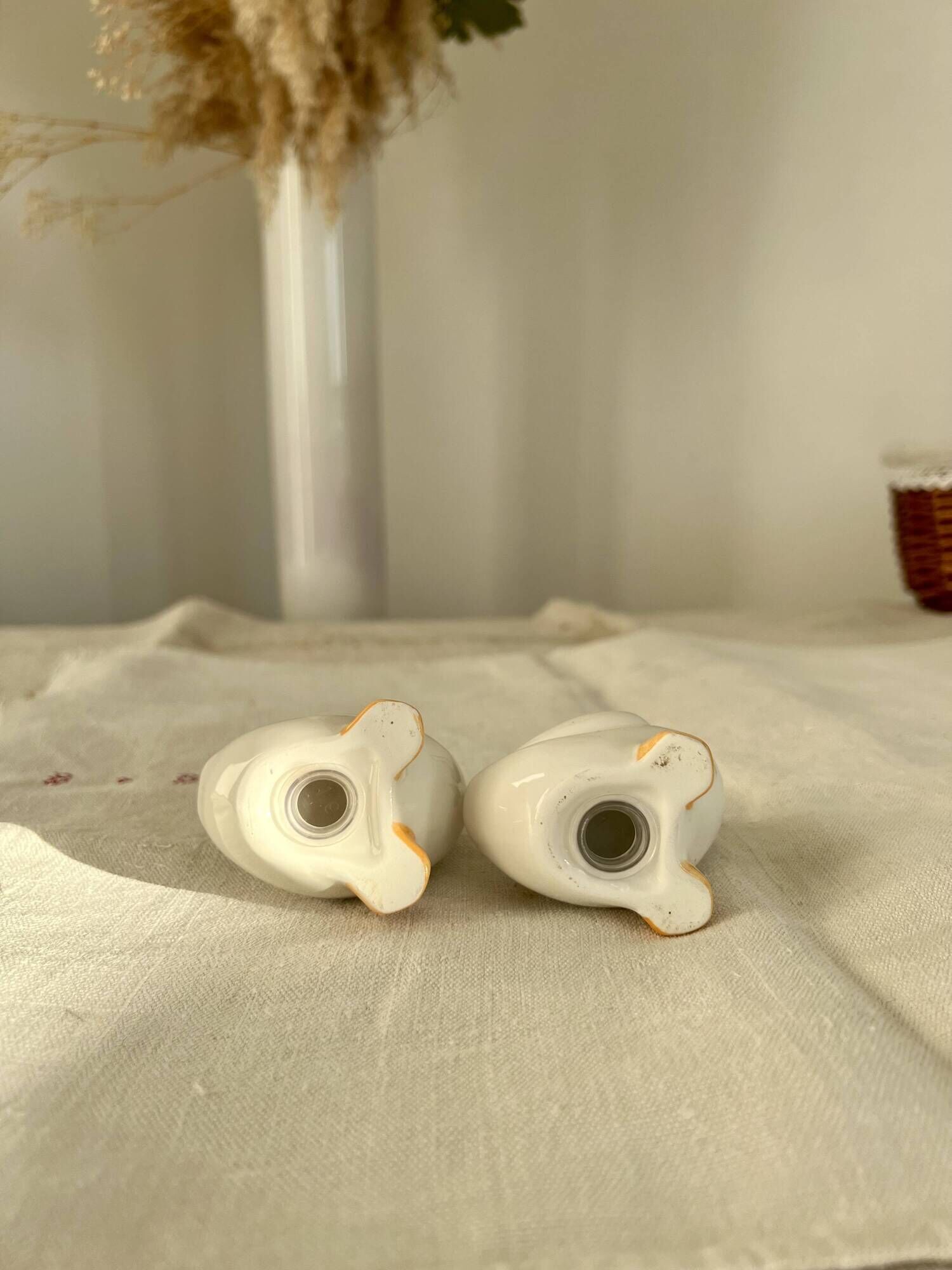 Vintage porcelain salt and pepper shaker in the shape of cottage core geese