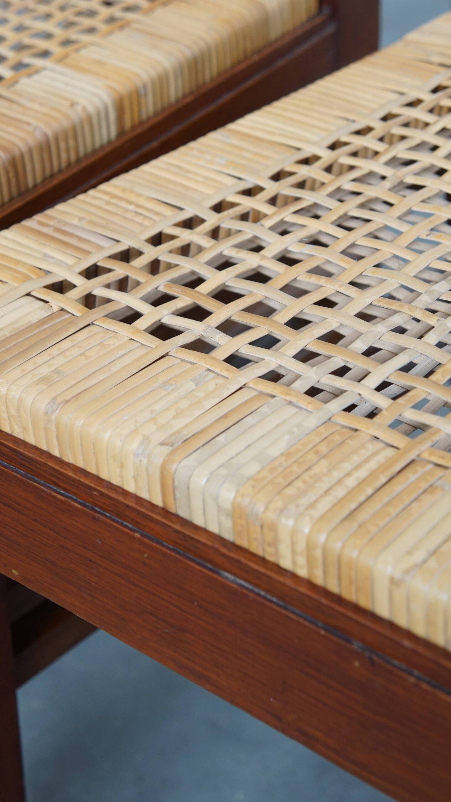 4 wooden Art Deco design dining chairs with a wicker seat and backrest