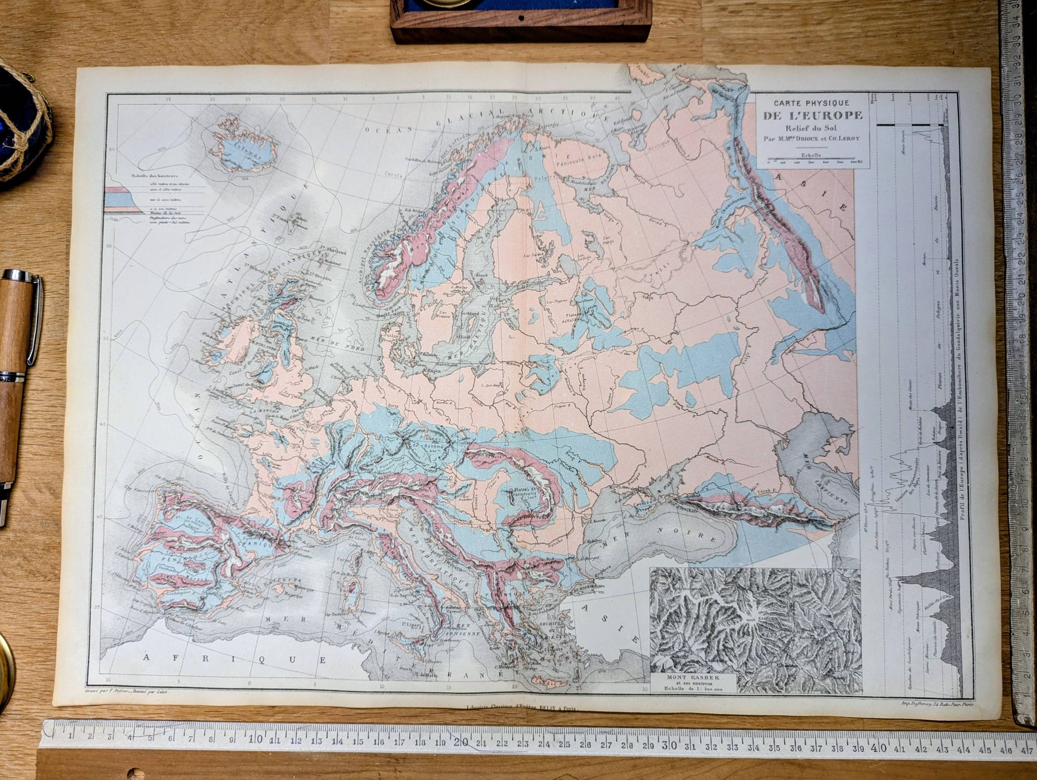 Europe and its reliefs, original map printed in 1879.