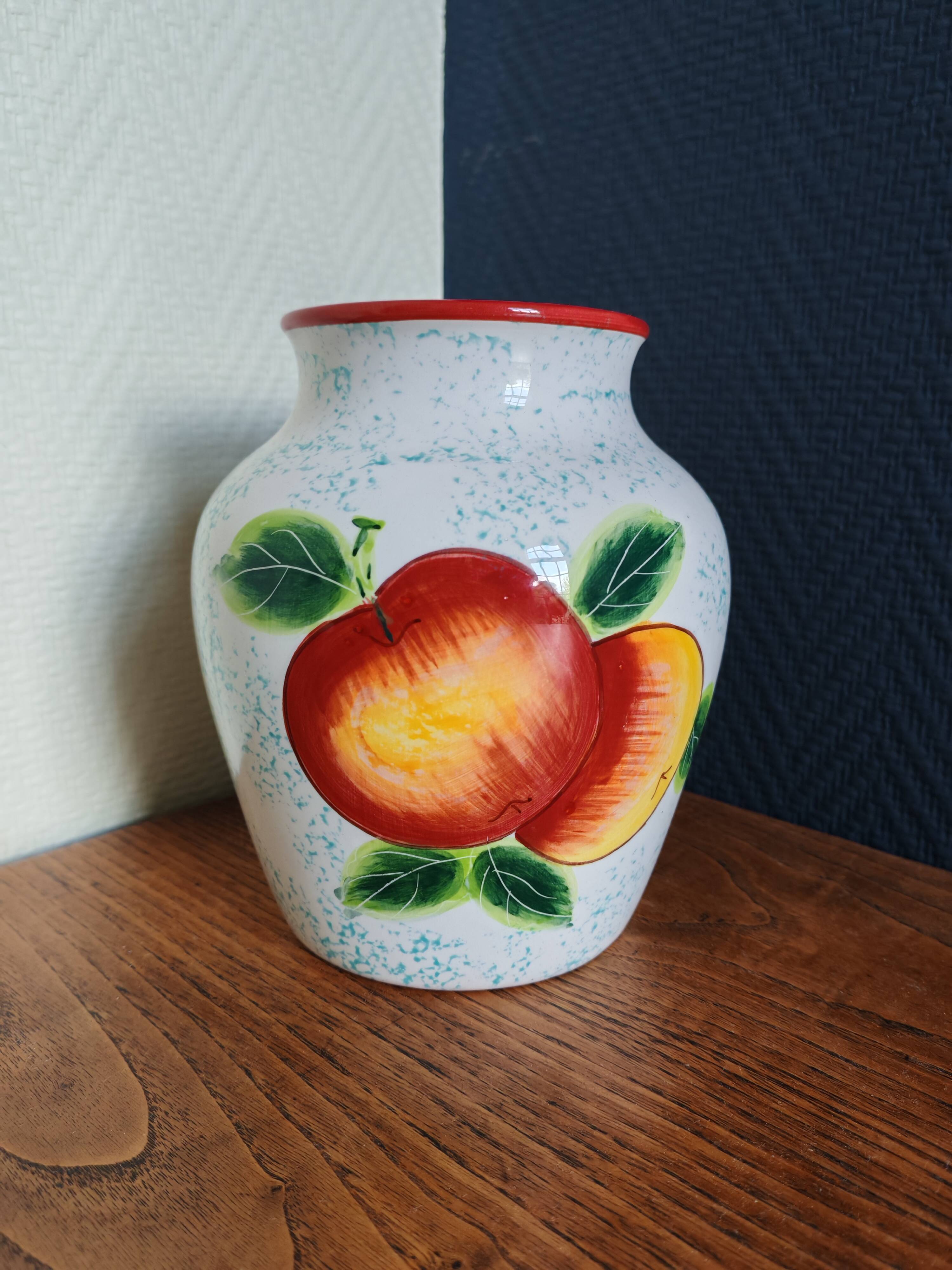 White Ceramic Vase with Peach and Leaf Motifs