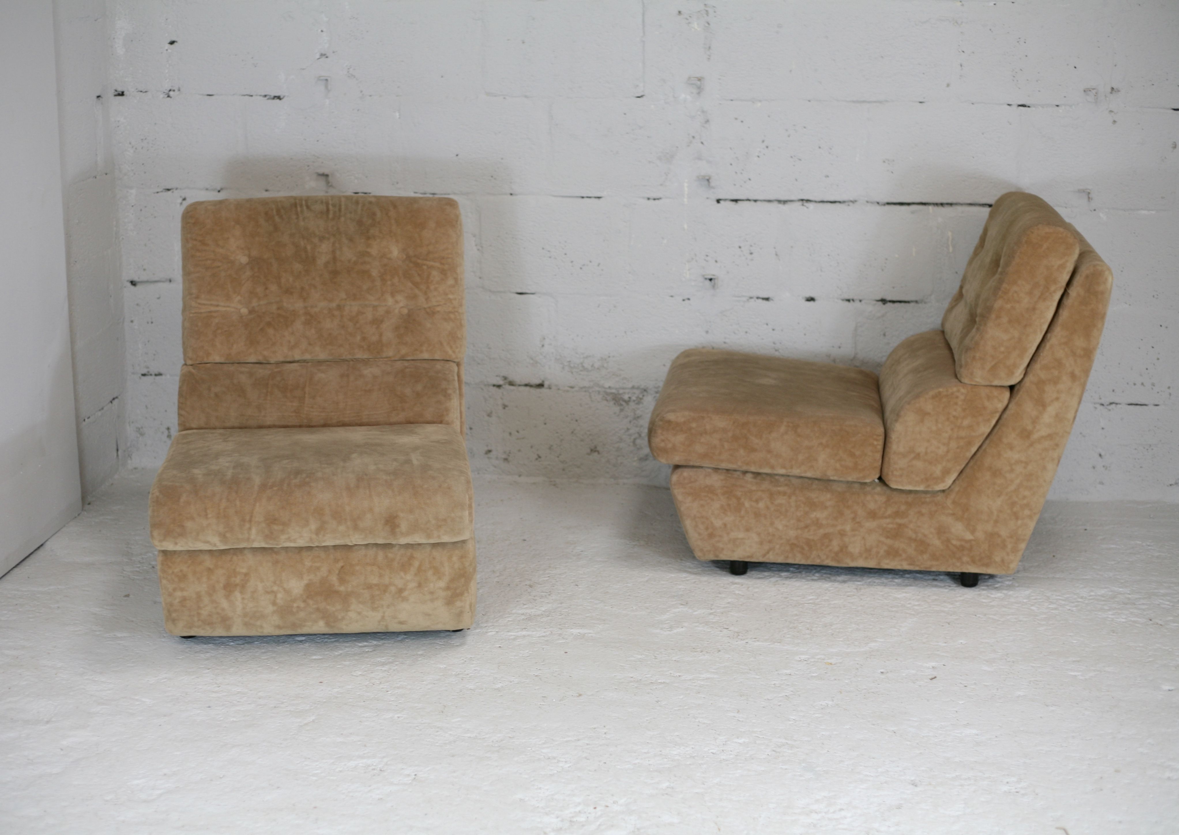 Pair of armchairs "Space Age", foam and velvet "honey", France, circa 1970
