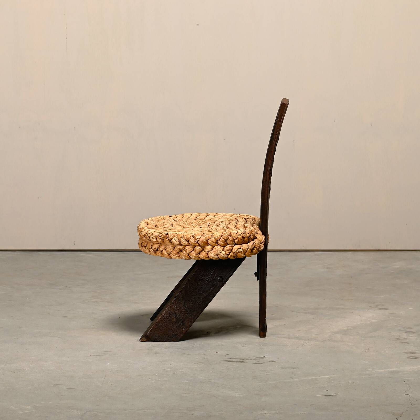 Fireplace Stool in Oak and Straw, France 1950s