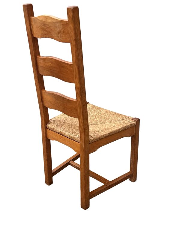 Ensemble vintage de 4 chaises de salle à manger en chêne et osier design des années 70, dossier haut.