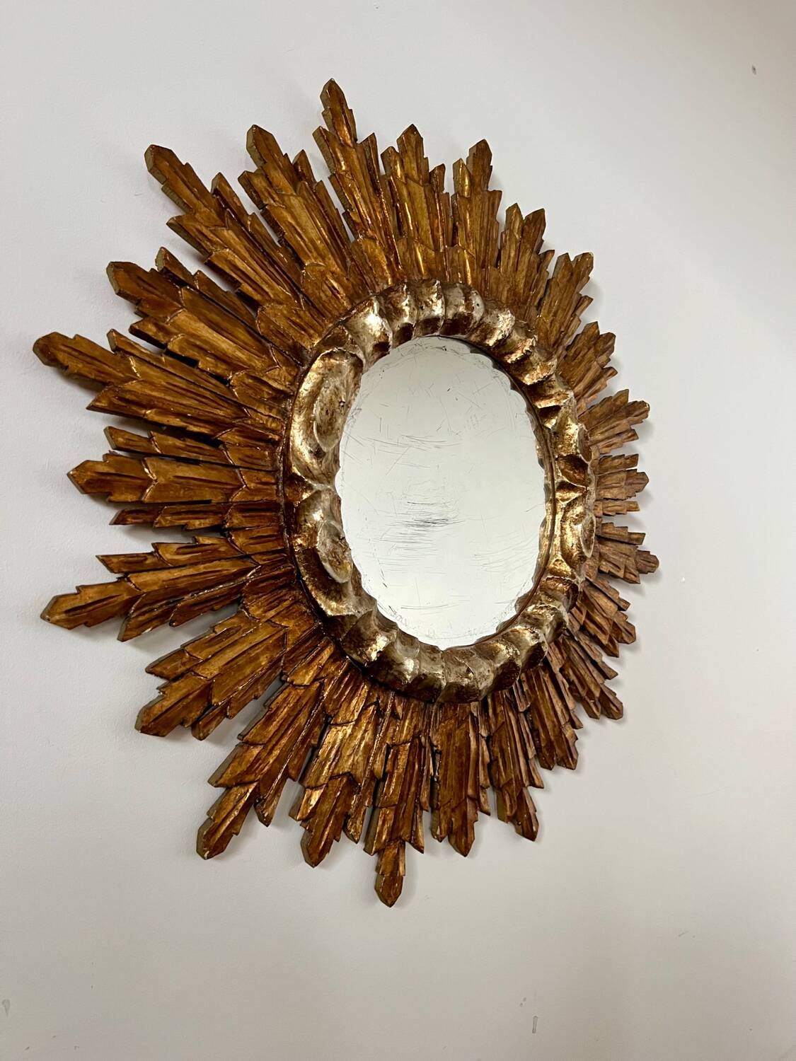 Old golden wooden sun mirror large size vintage 50s design