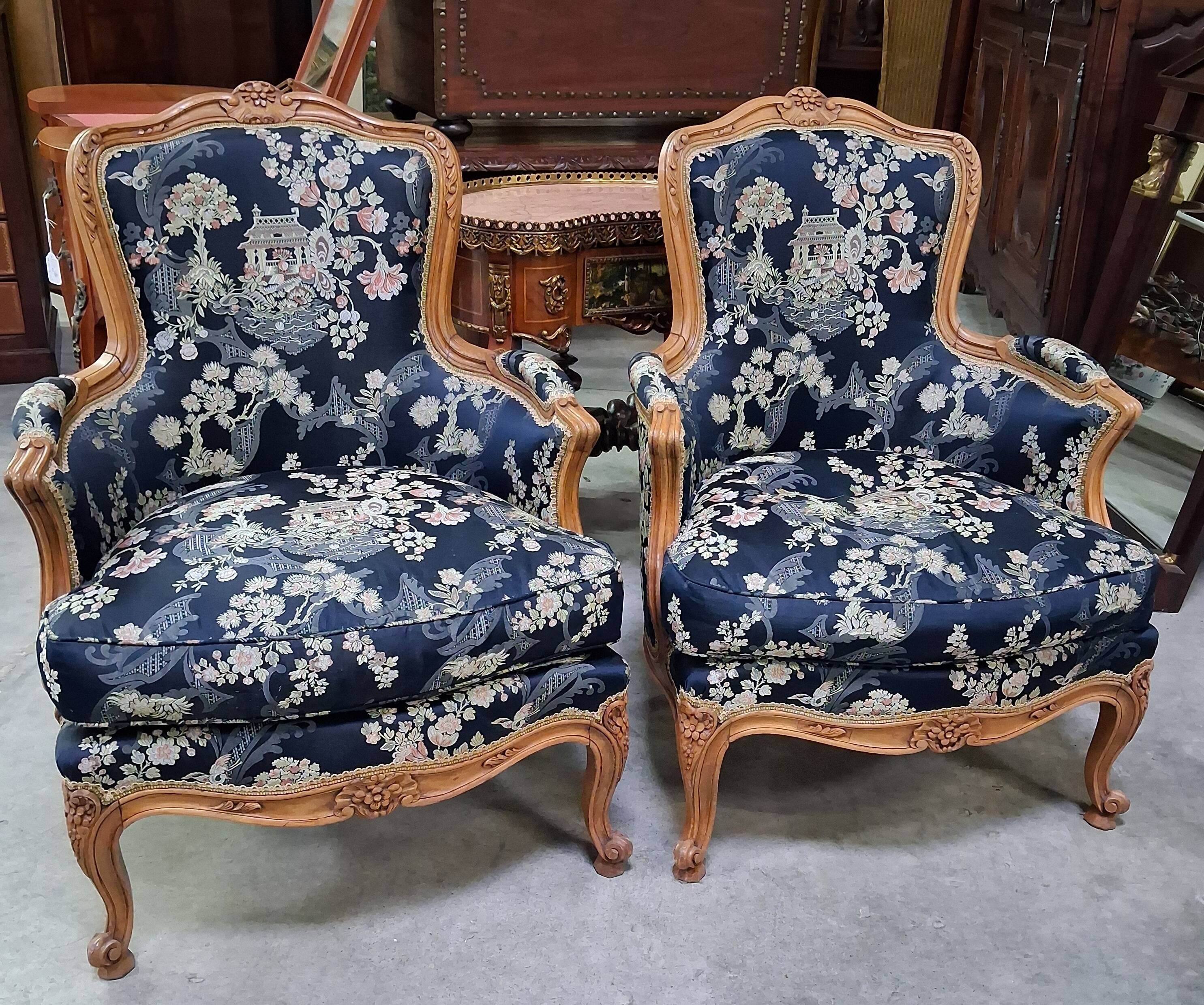 Pair of Louis XV style armchairs with Japonese tapestry.