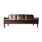 Mid-century danish 3-seater sofa in dark brown leather, rosewood feet