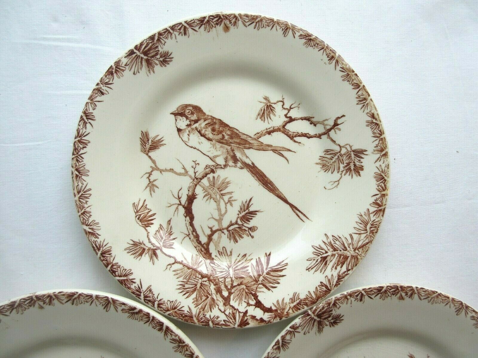 3 GIEN's Maroon Bird Dessert Plates, Provençal style with Hirondelle