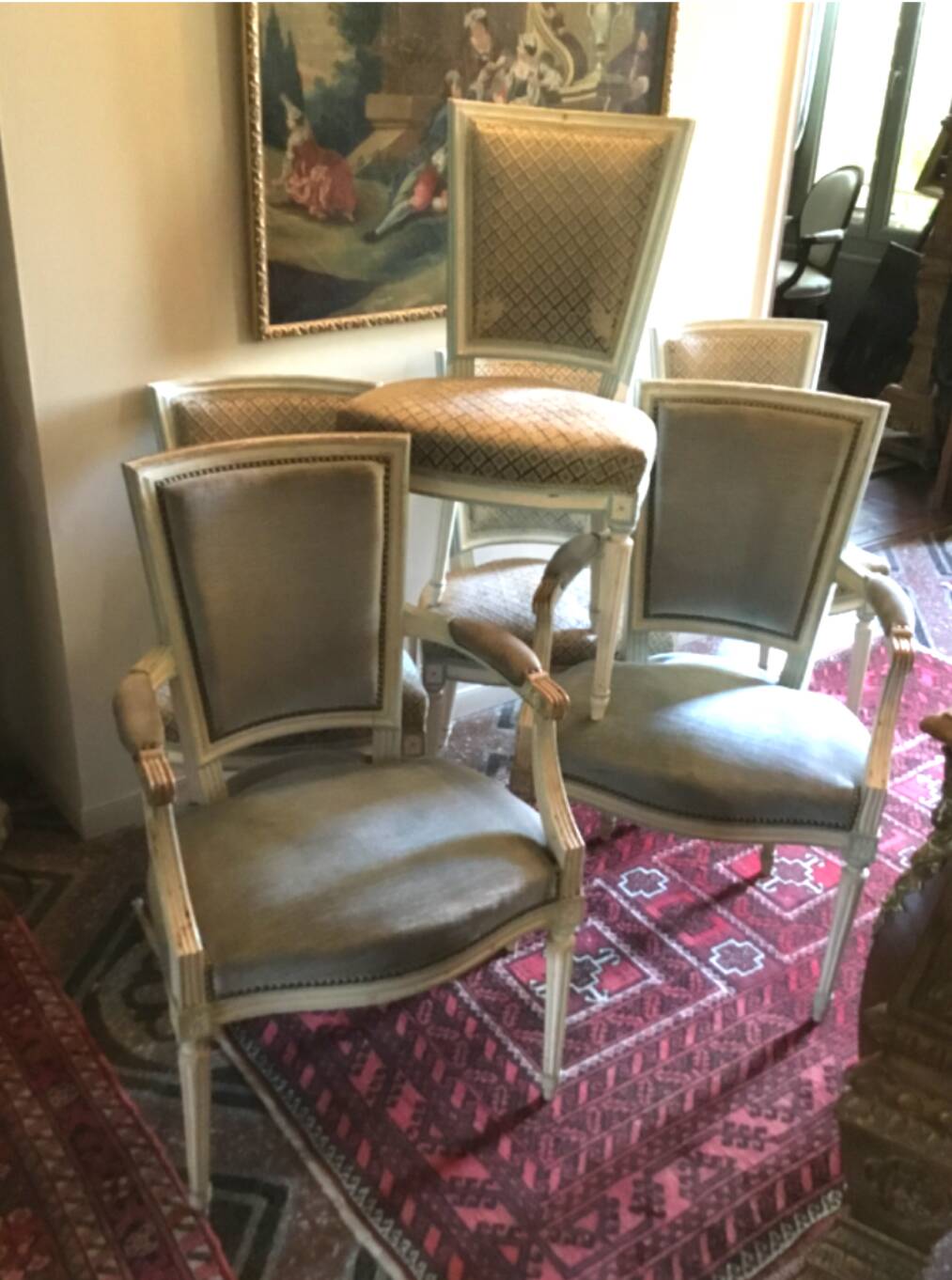 Set of 4 chairs and 2 armchairs louis xvi style in cream patinated wood