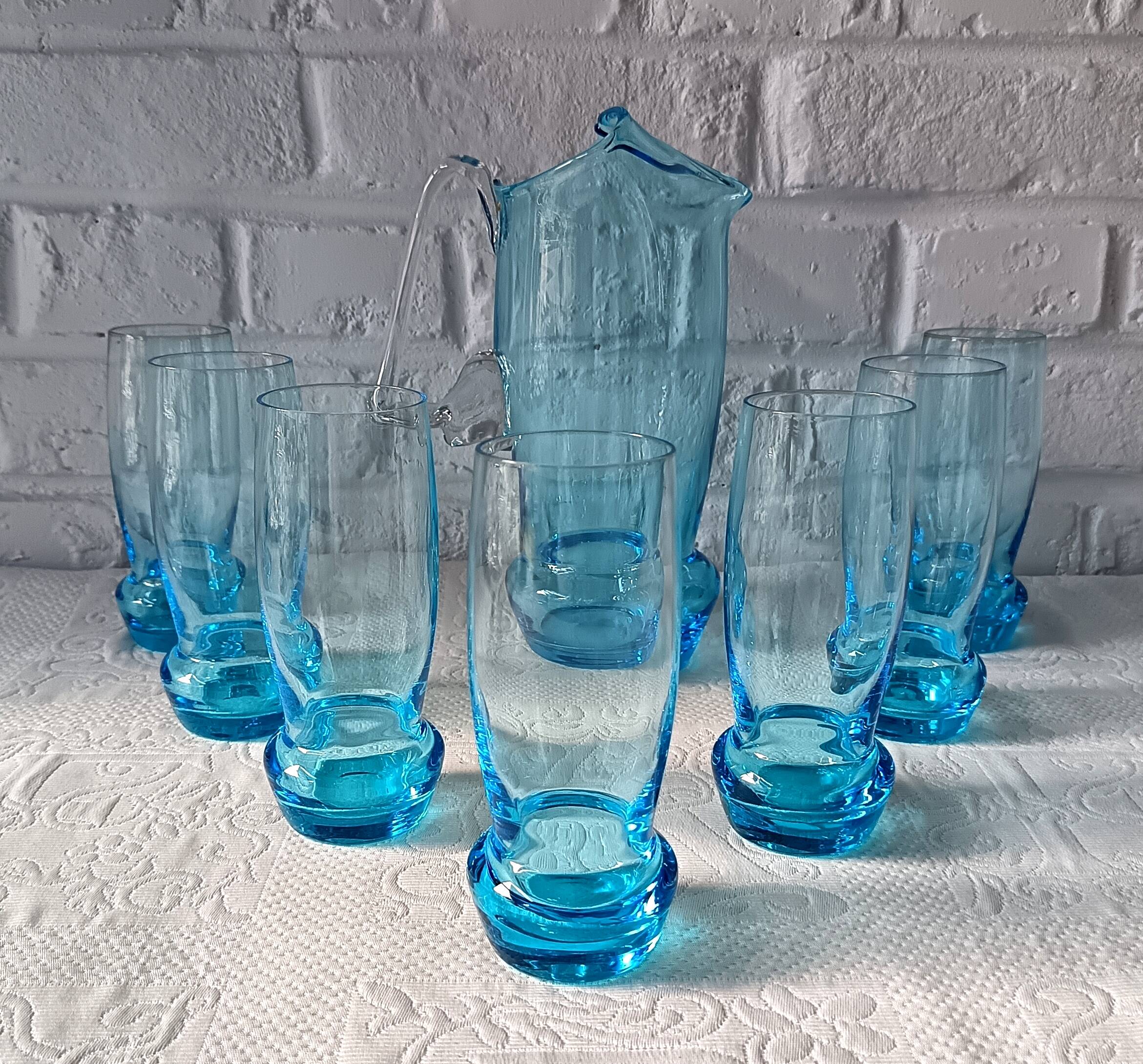 Orangeade set, pitcher and 7 vintage turquoise glasses