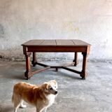 Dark brown solid wood French neo-renaissance square dining table with cross base