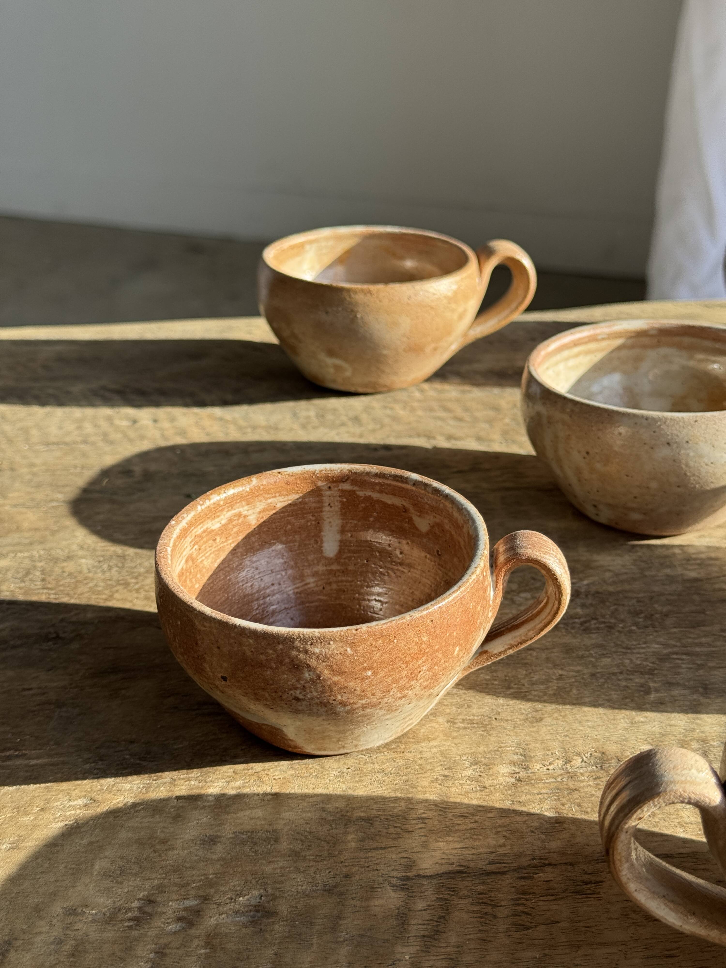 Set of 11 vintage coffee cups, raw matte stoneware H11
