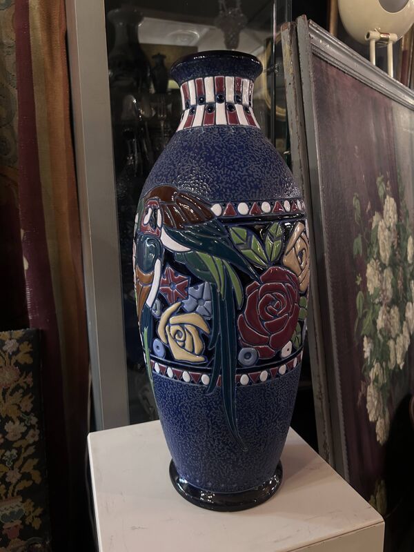 Vase Art Déco en Émail avec Oiseaux par Amphora Czecho-Slovakia, 1920