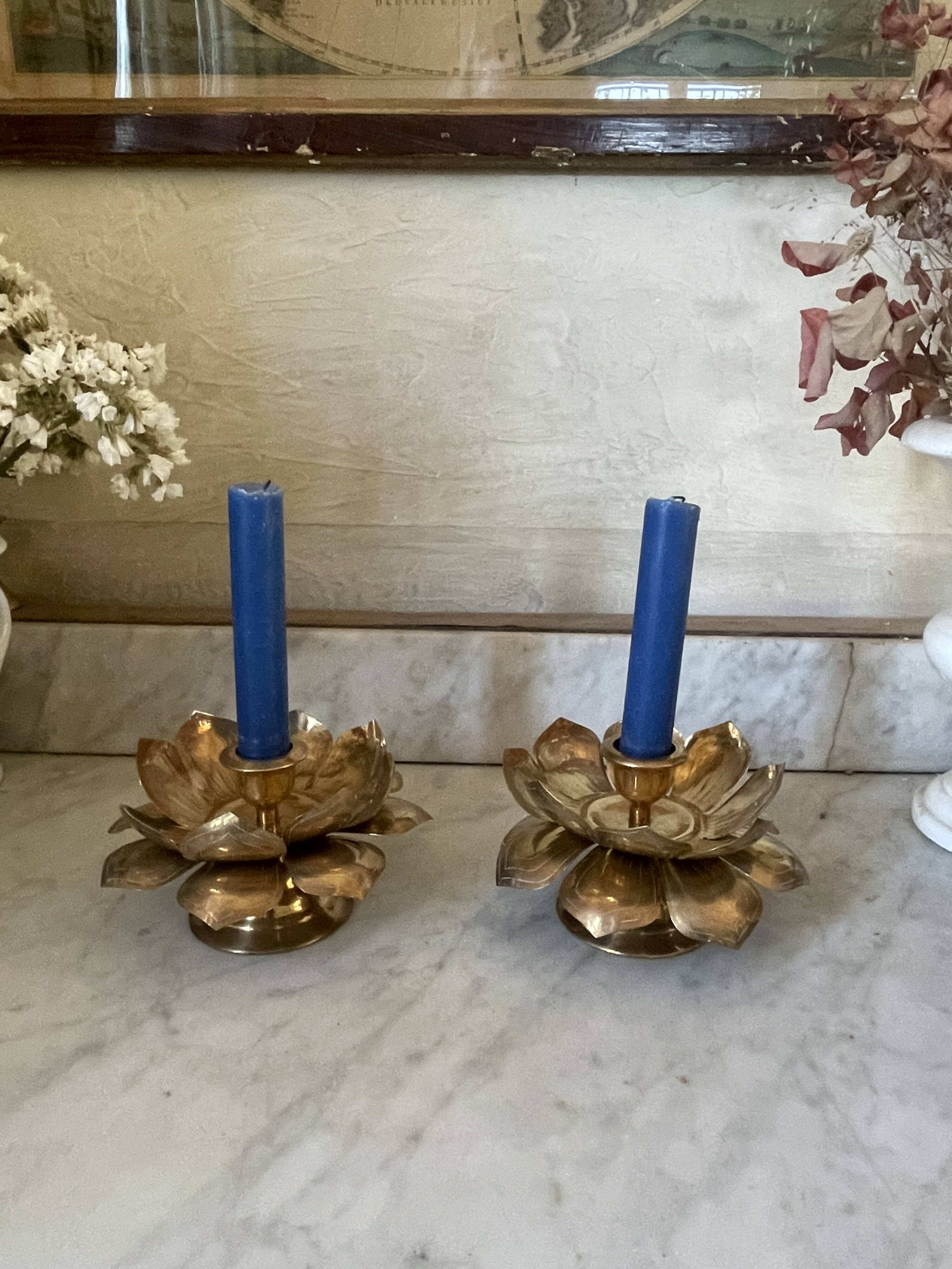 Lotus brass candlestick pair