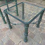 Pair of verdigris metal and glass side tables